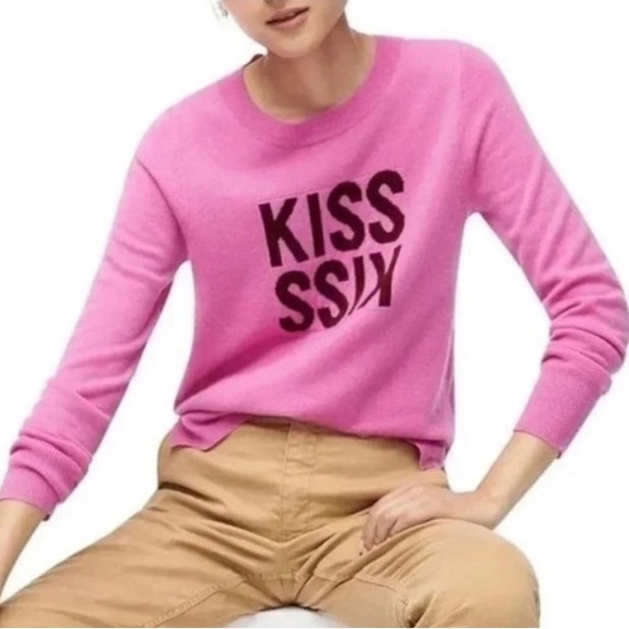 J. Crew Pink Kiss Kiss Layla Cashmere Crew Sweater Size M - Picture 1 of 10
